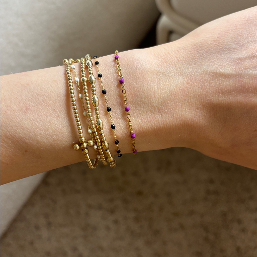 Dainty Gold & Purple Beaded Adjustable Bracelet Delicate Jeweled Chain